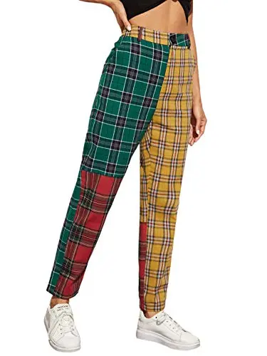 Women's Tartan Plaid Mid Waist Straight Pants