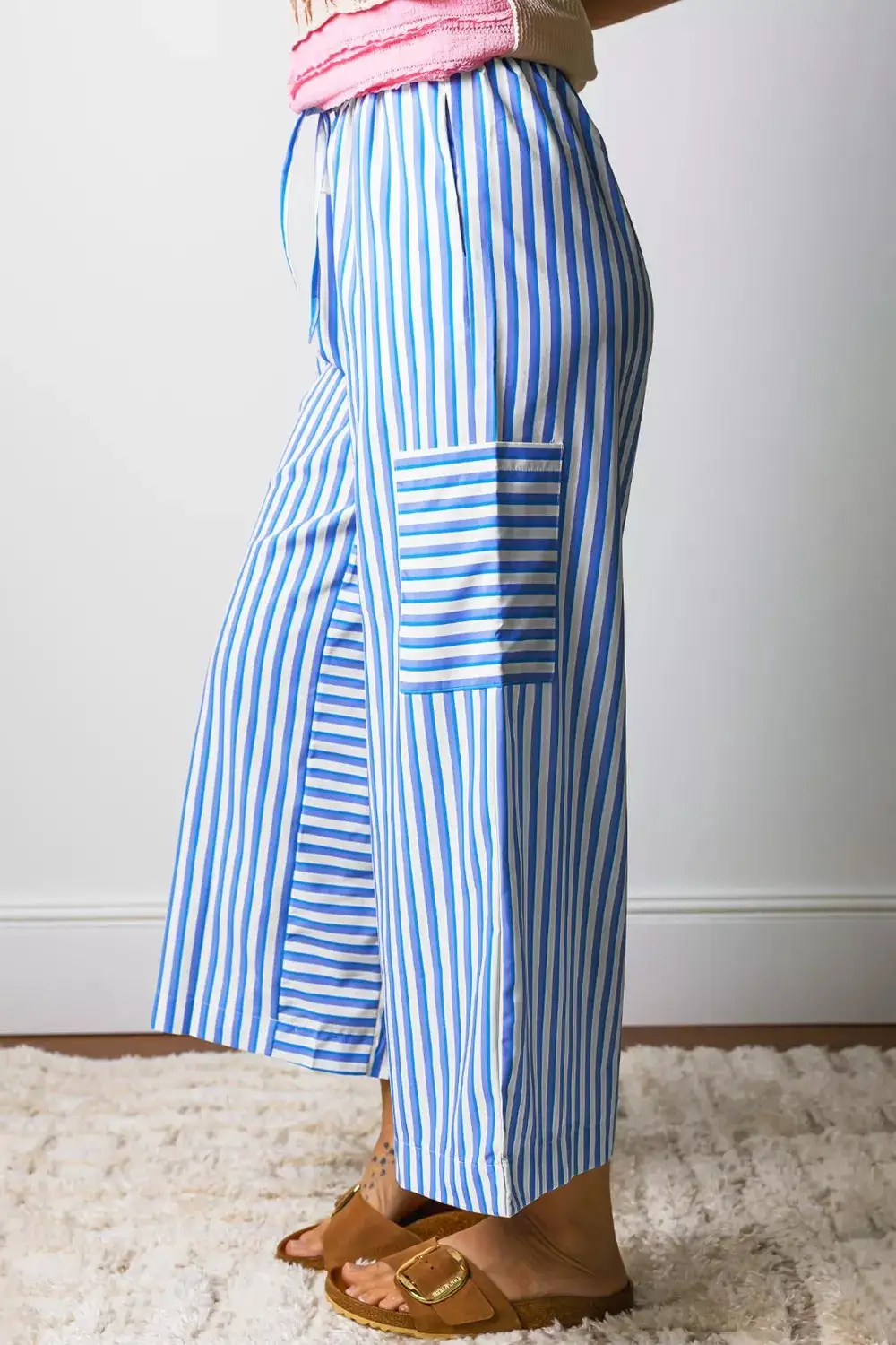 Stripe Drawstring Elastic Waist Patch Pocket Wide Leg Ankle Length Pants