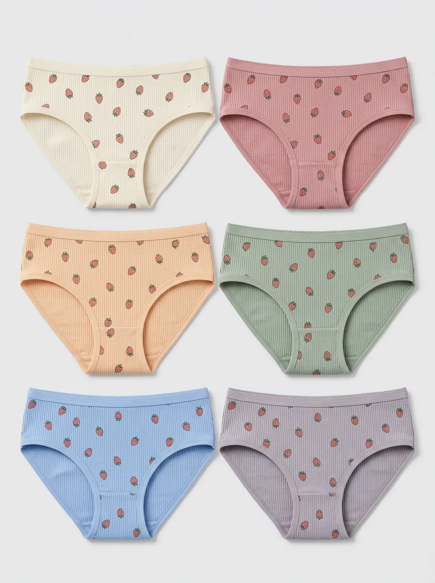 Women's Cute Fruit Lover Strawberry Printed Ribbed Panties 6-Pack