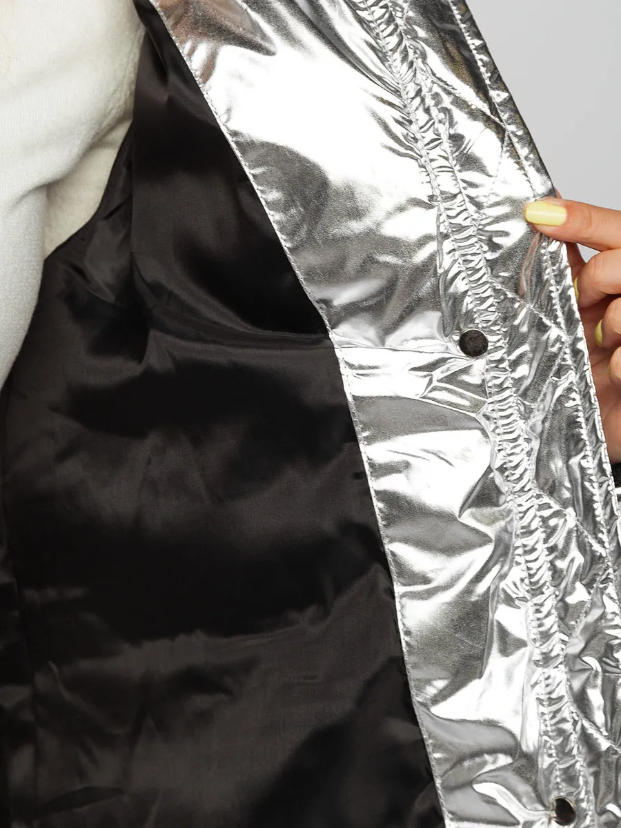 Women's Silver Quilted Winter Jacket With Hood