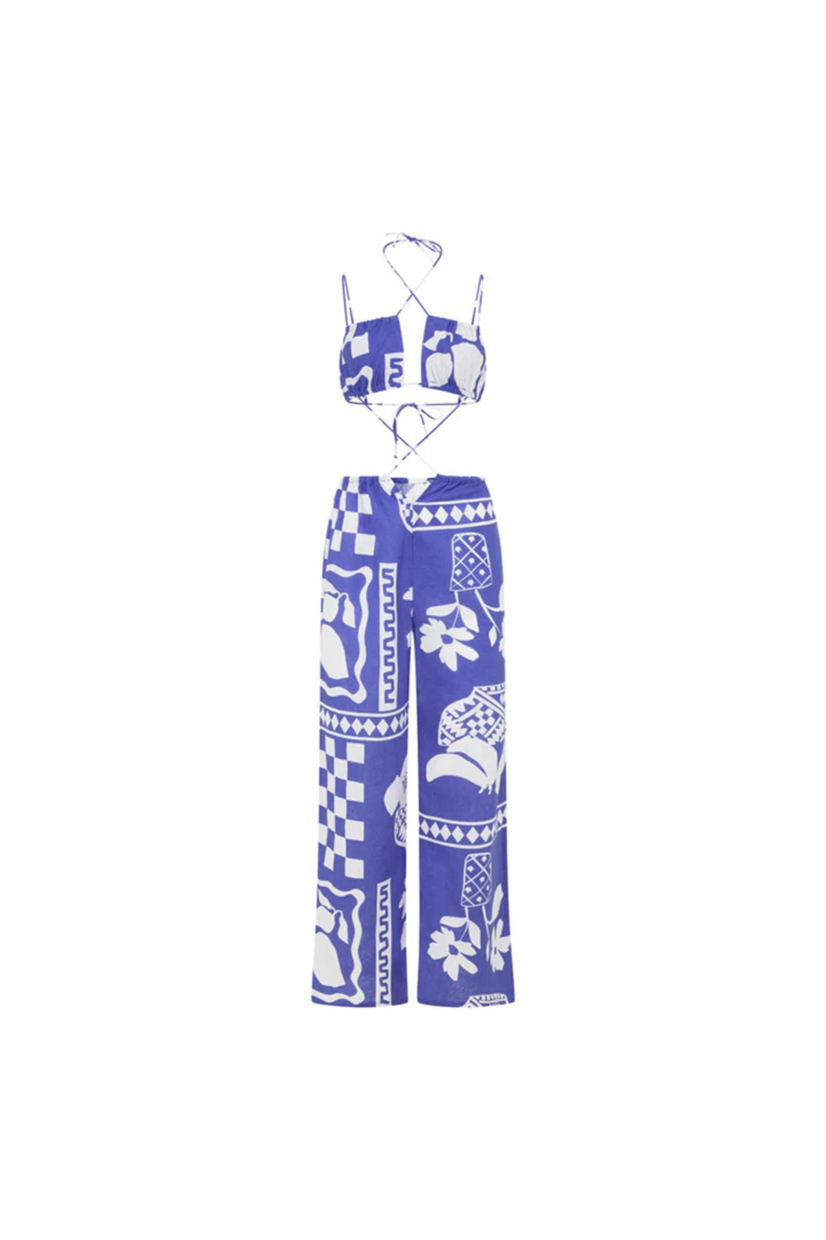 Backless Geometric Print Halter Jumpsuit