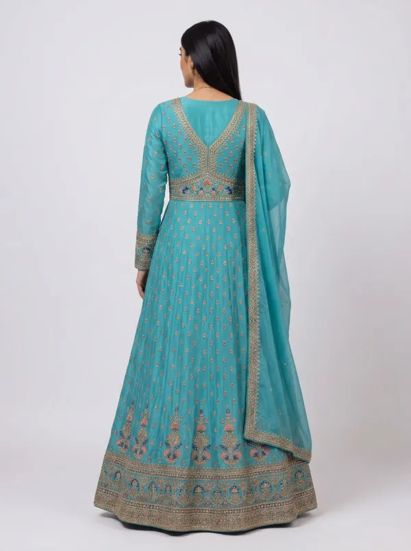 Women's Indian Floral Embroidered V-Neck Dupatta Set Anarkali Gown