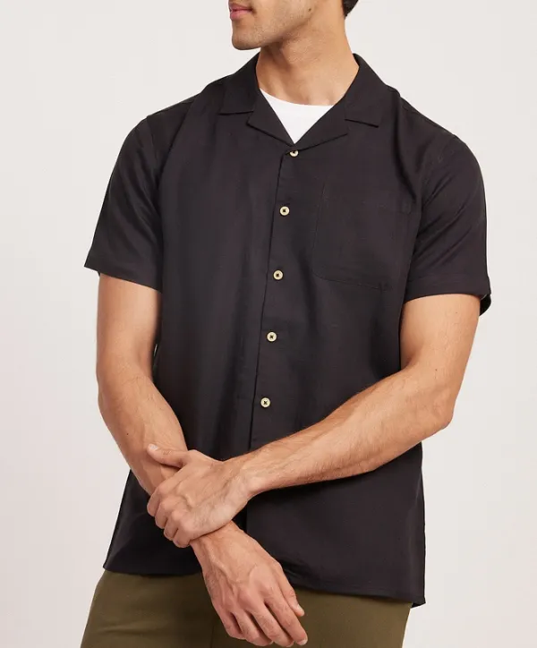 Black Tencel Linen Notched Collar Shirt
