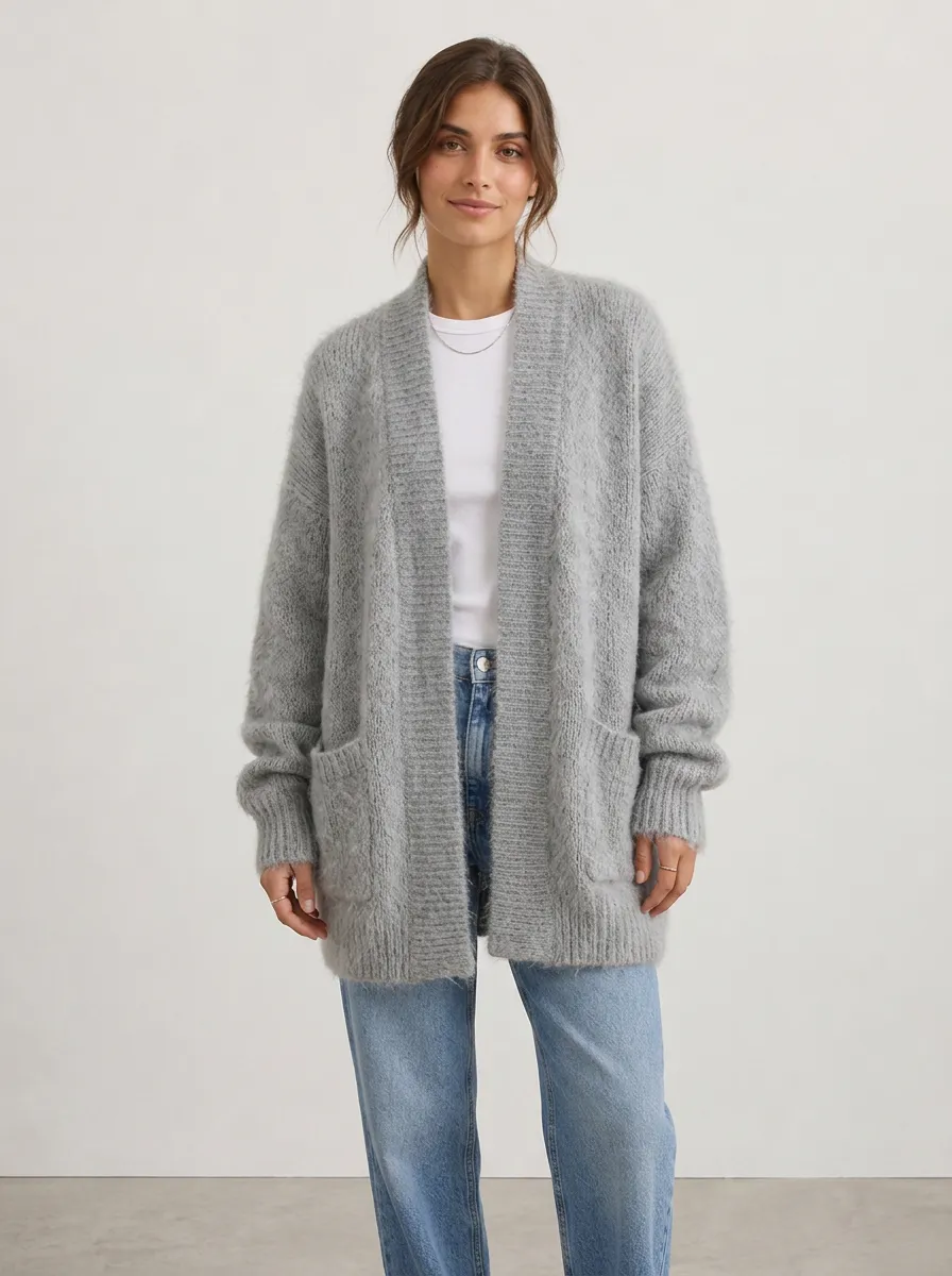 Women's Open-Front Fuzzy Knit Cardigan Relaxed-Fit