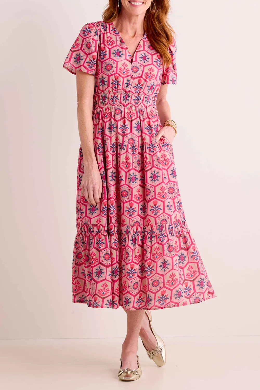 Pink Floral Print Short Sleeve Tiered Maxi Dress