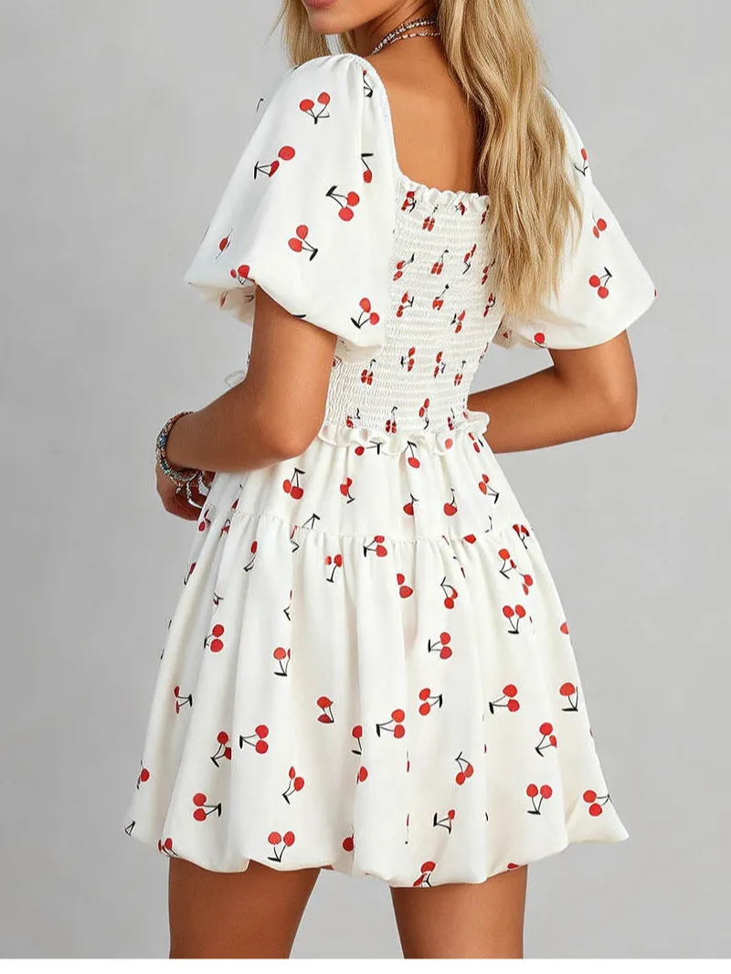 Square Neck Cherry Puff Sleeves Mini Dress