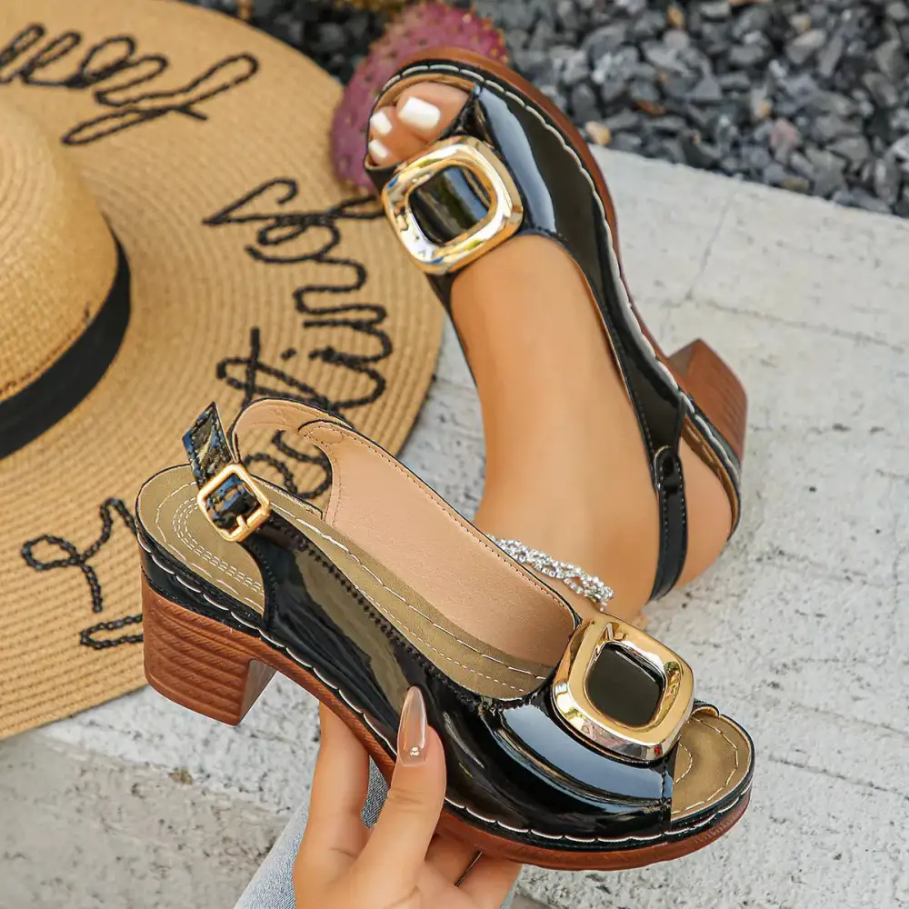 Textured Peep Toe Block Heels Sandals