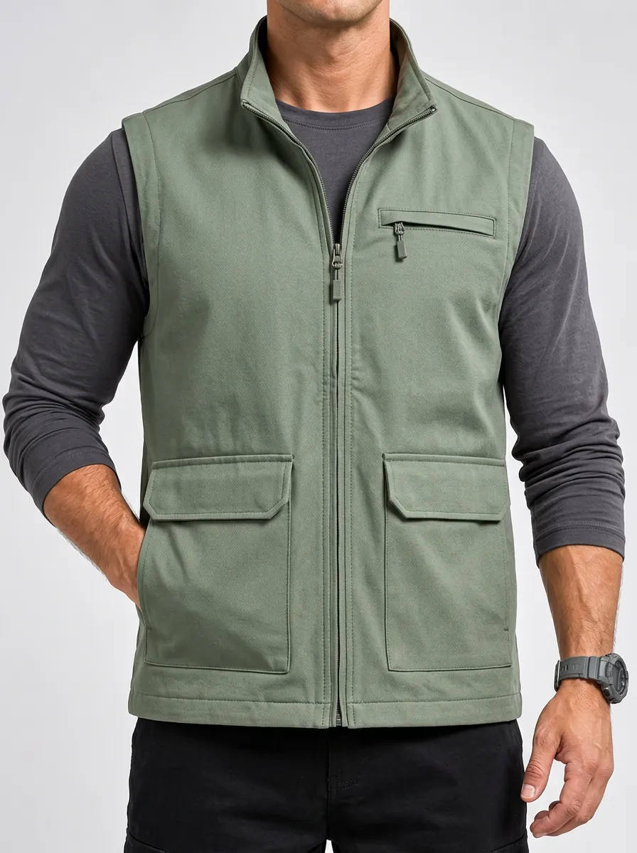 Men's Pocket-Detailed Zip-Front Utility Sleeveless Jacket