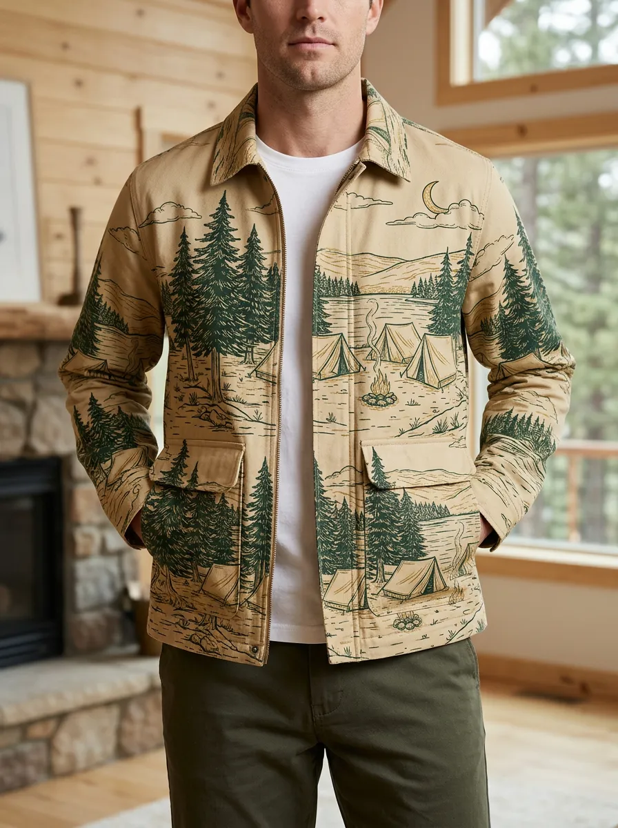 Men's Camping Lover Forest Tent Landscape Printed Jacket