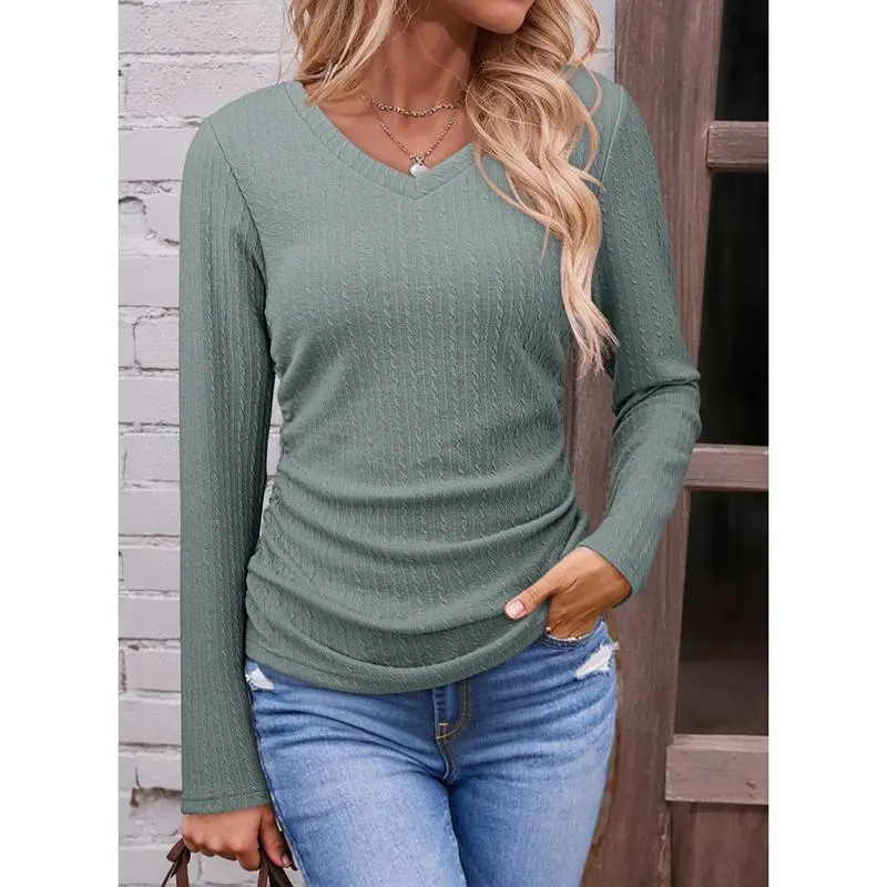 Womens Tops Casual V Neck Long Sleeve Shirts for Women Fashion Solid Ruched Basic Tunics Blouses
