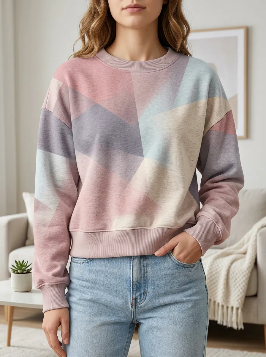 Women's Multicolor Geometric Print Crewneck Sweatshirt Crew neckline with ribbed collar detail