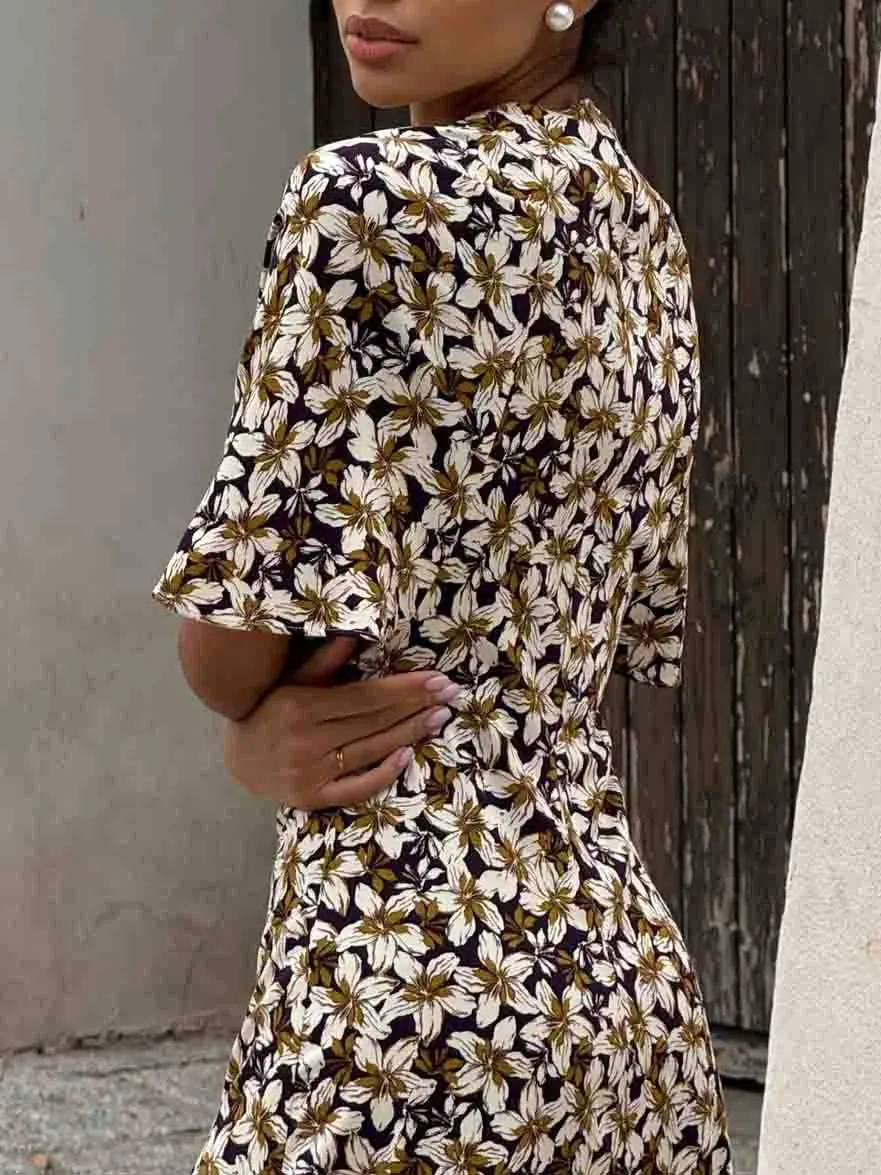 Elegant Satin Floral Print Slit Midi Dress