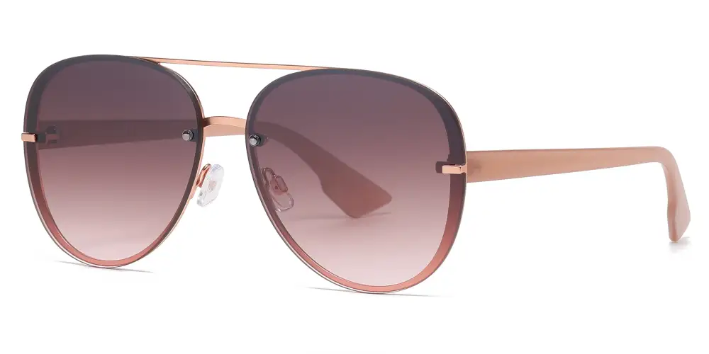 Rimless Aviator With Brow Bar Flat Lens Metal Sunglasses
