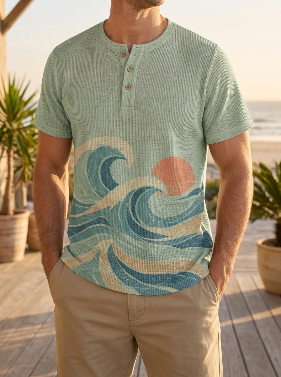 Men's Ocean Beach Lover Sunset Wave Printed Henley T-shirt
