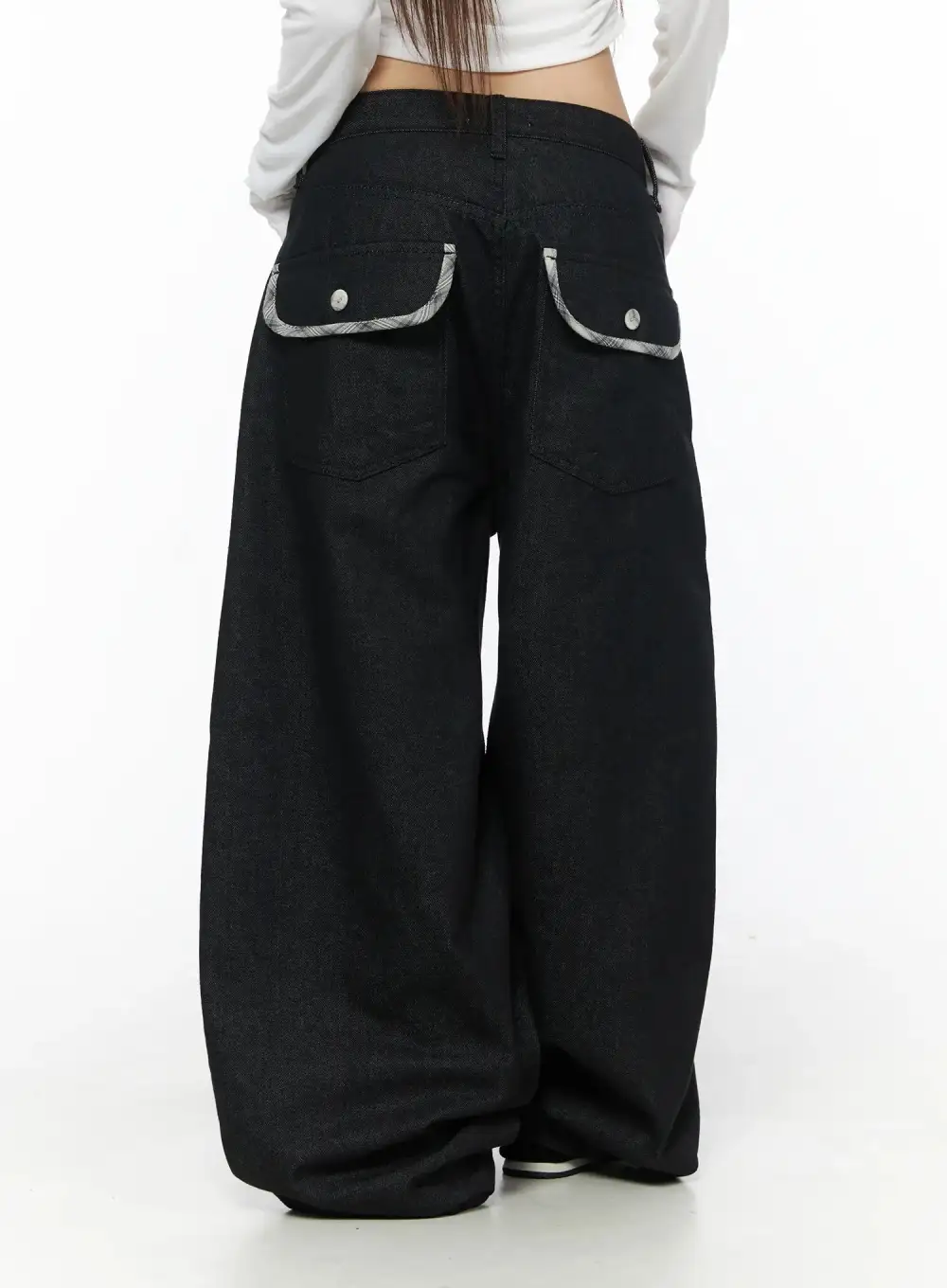 Plaid Detail Wide Leg Jeans