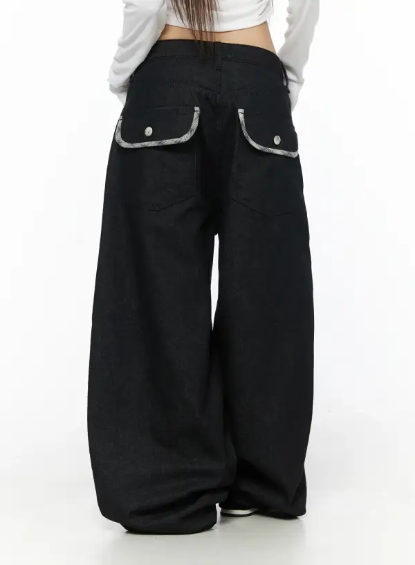 Plaid Detail Wide Leg Jeans