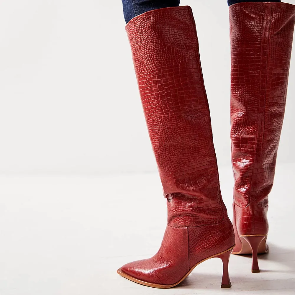 Faux-Leather Crocodile-Embossed Pointed-Toe Snip-Toe Knee-High Boots