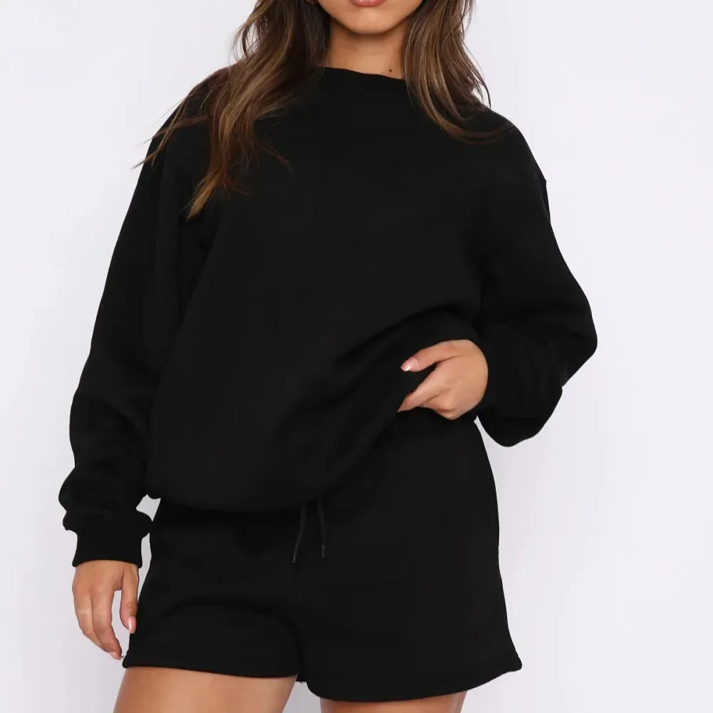Women's Fashion Round Neck Solid Color Sweatshirt and Short Pants two-piece set