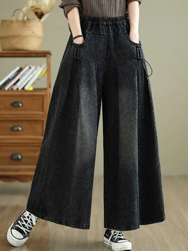 High Waist Relaxed Fit Wide Leg Pleated Elastic Waist Pocket Jeans