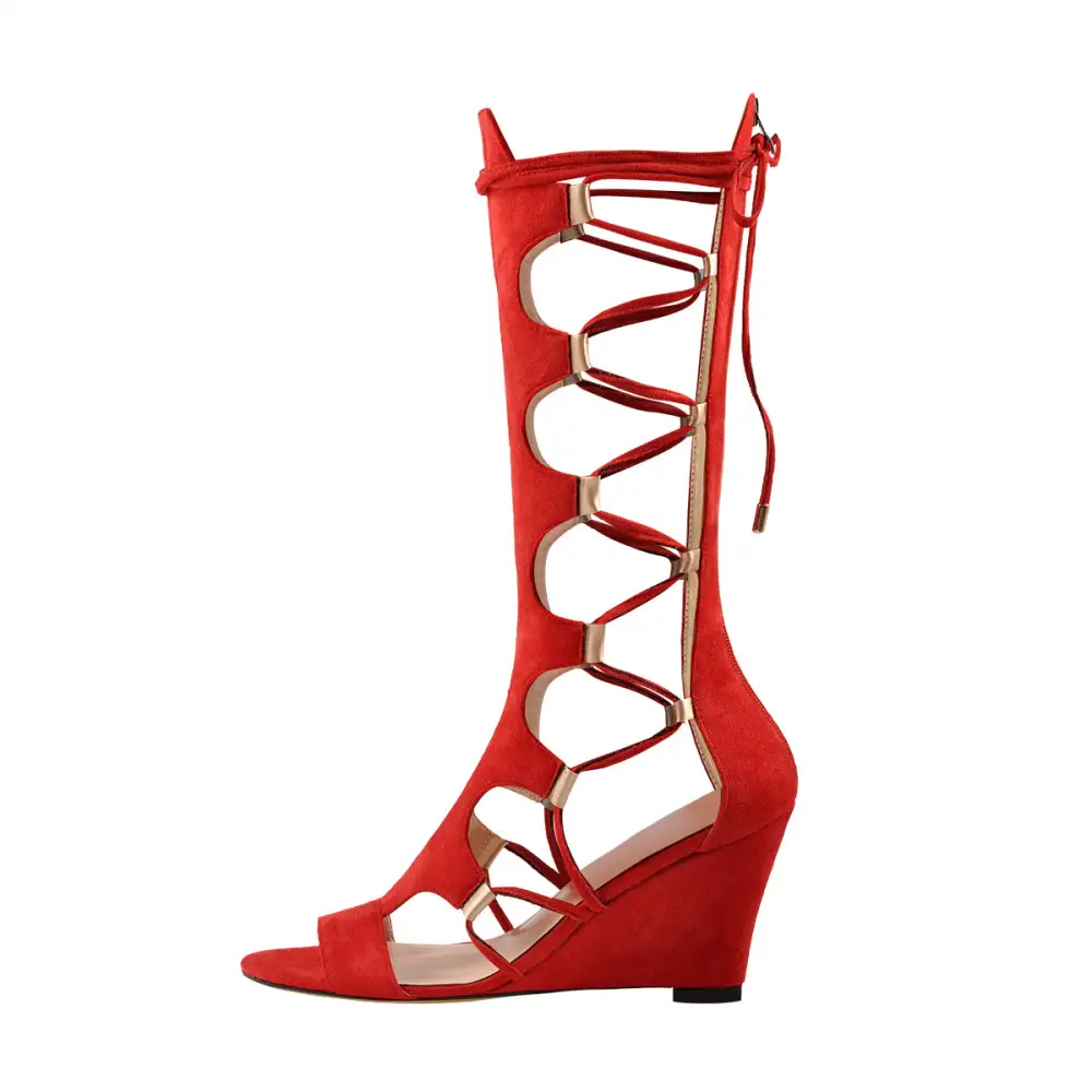 Lace Up Gladiator Cutout Wedge Boot Sandals