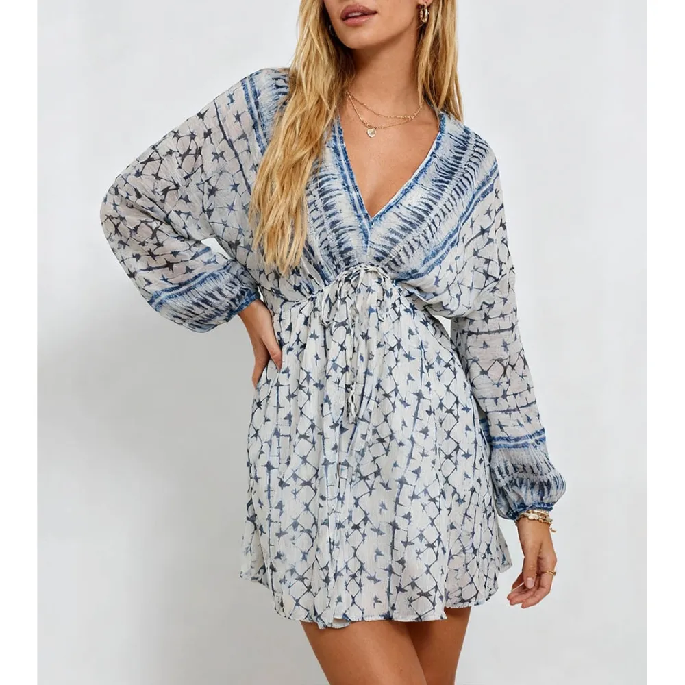 Metallic Thread V Neck Waist Mini Dress