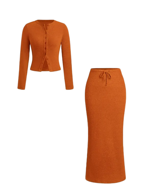 Women's Slim-Fit Long Sleeve Knitted T-Shirt Set, Elegant A-Line Skirt, Spring & Fall Fashion, Basic Style, Moderate Fabric
