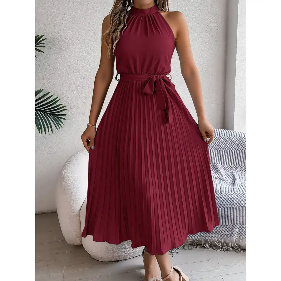 Pleated Tie Waist Sleeveless Midi Dress