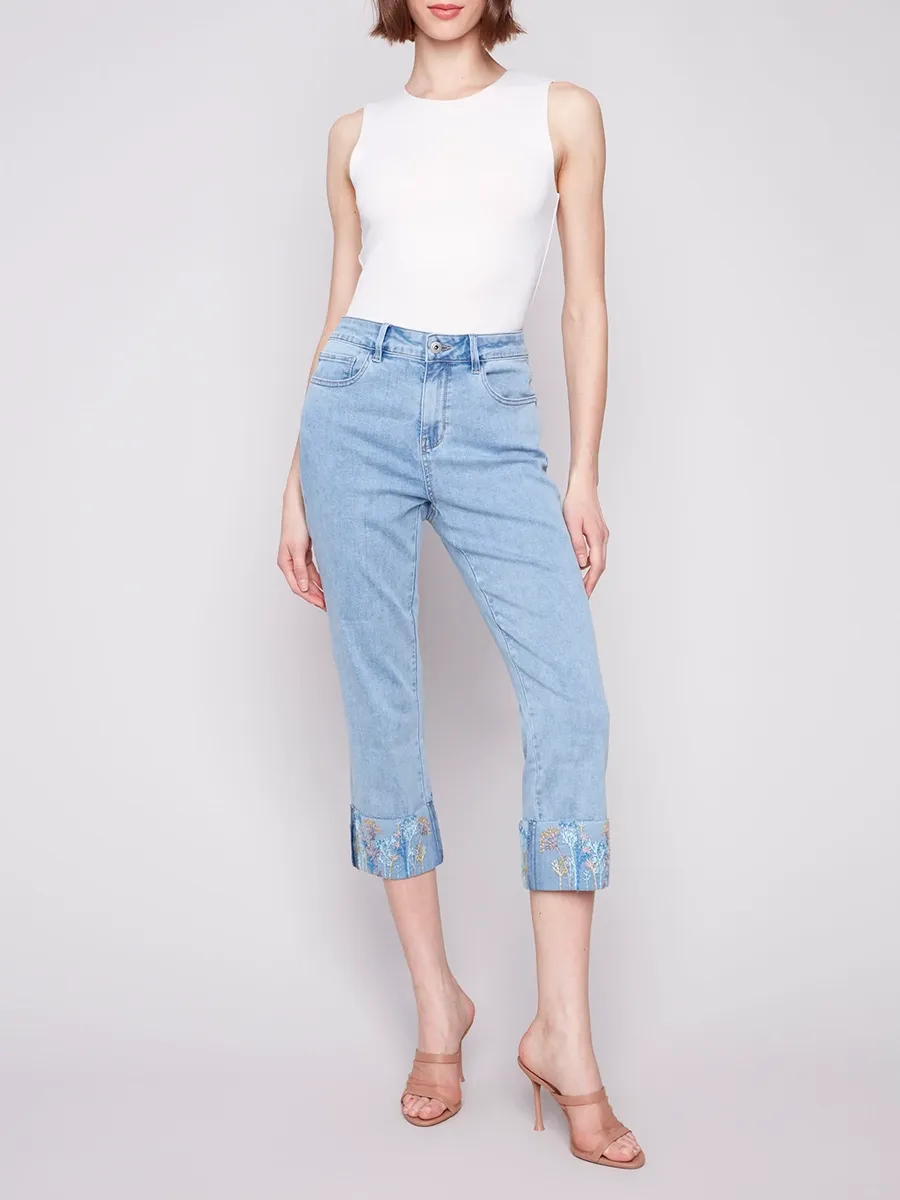 Straight-Leg Wrinkle-Free Cotton Light Blue Jeans