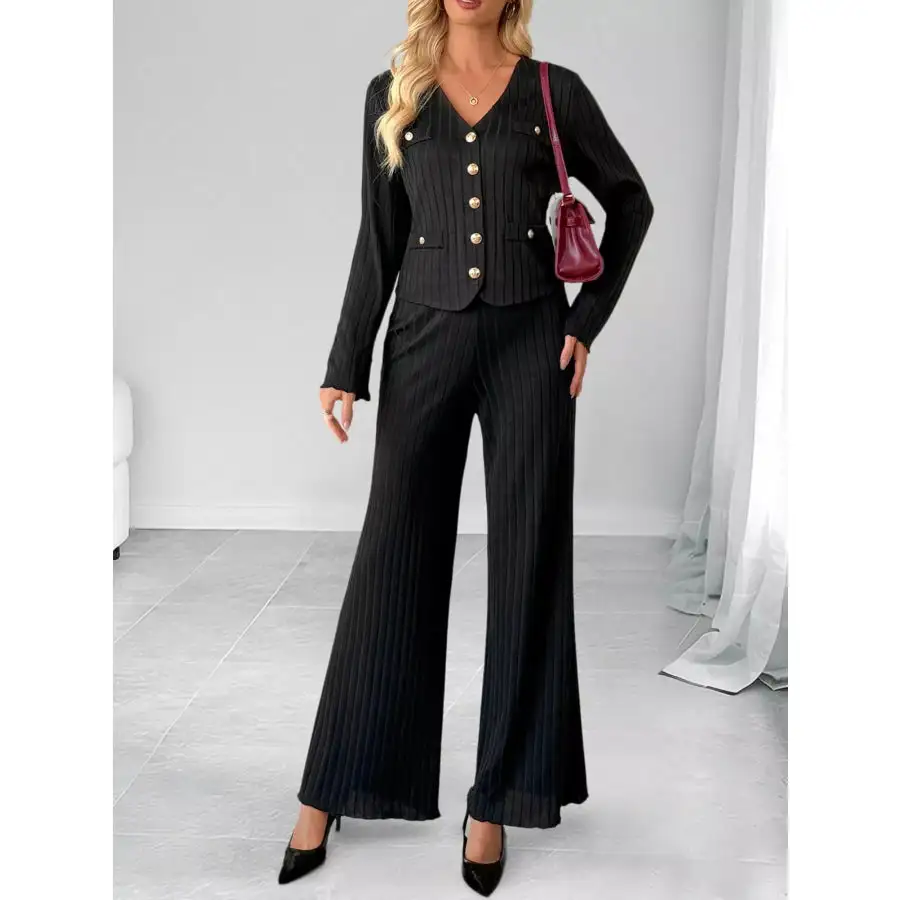 Ribbed Knit Cardigan & Wide Leg Pants Set