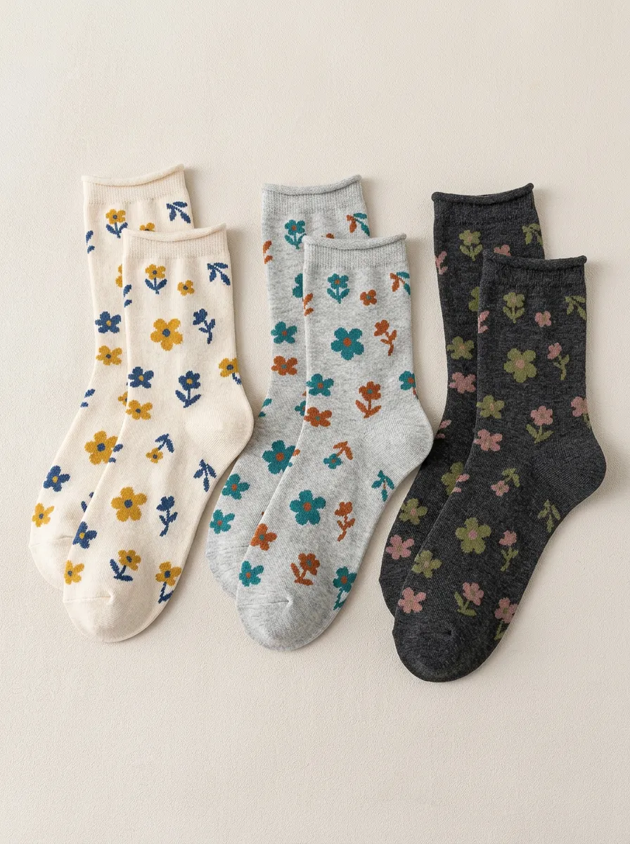 Women's Rolled Cuff Floral Crew Socks Three Pair Set