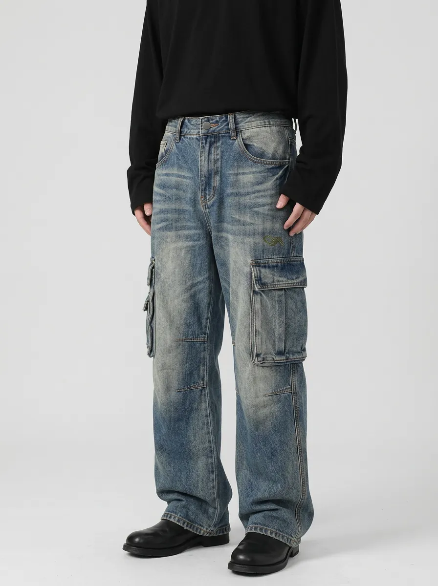 Men's Mid-Blue Embroidered Detail Wide-Leg Denim Cargo Pants
