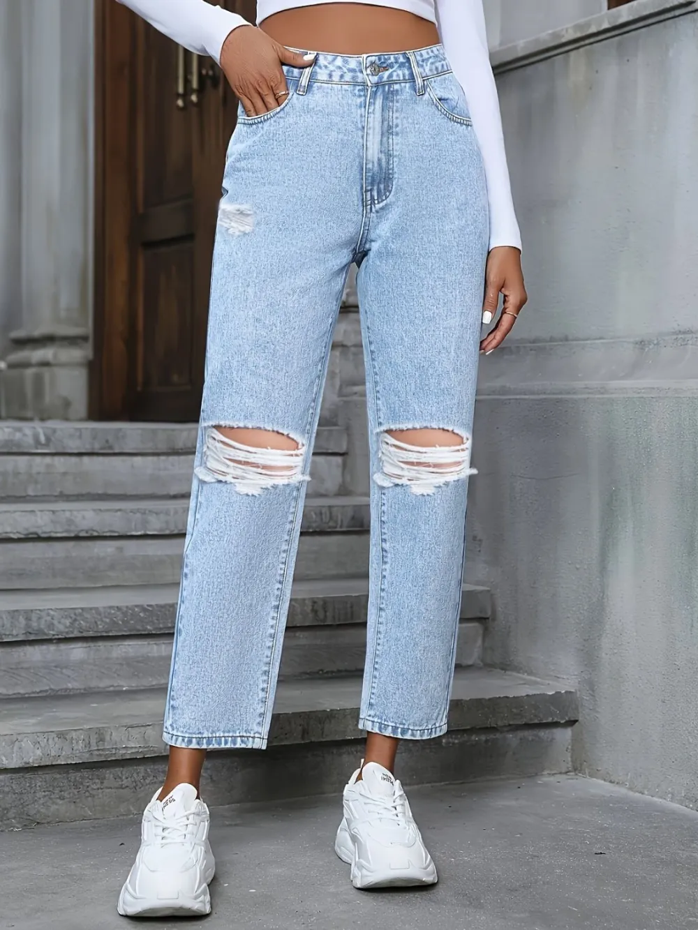 High Waist Distressed Pocketed Denim Jeans