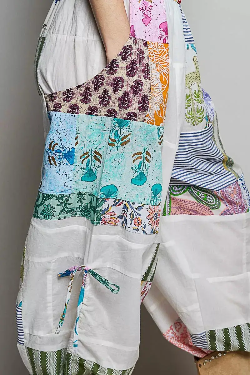 Relaxed Printed Patchwork Wide Leg Pants With Adjustable Side Drawstring