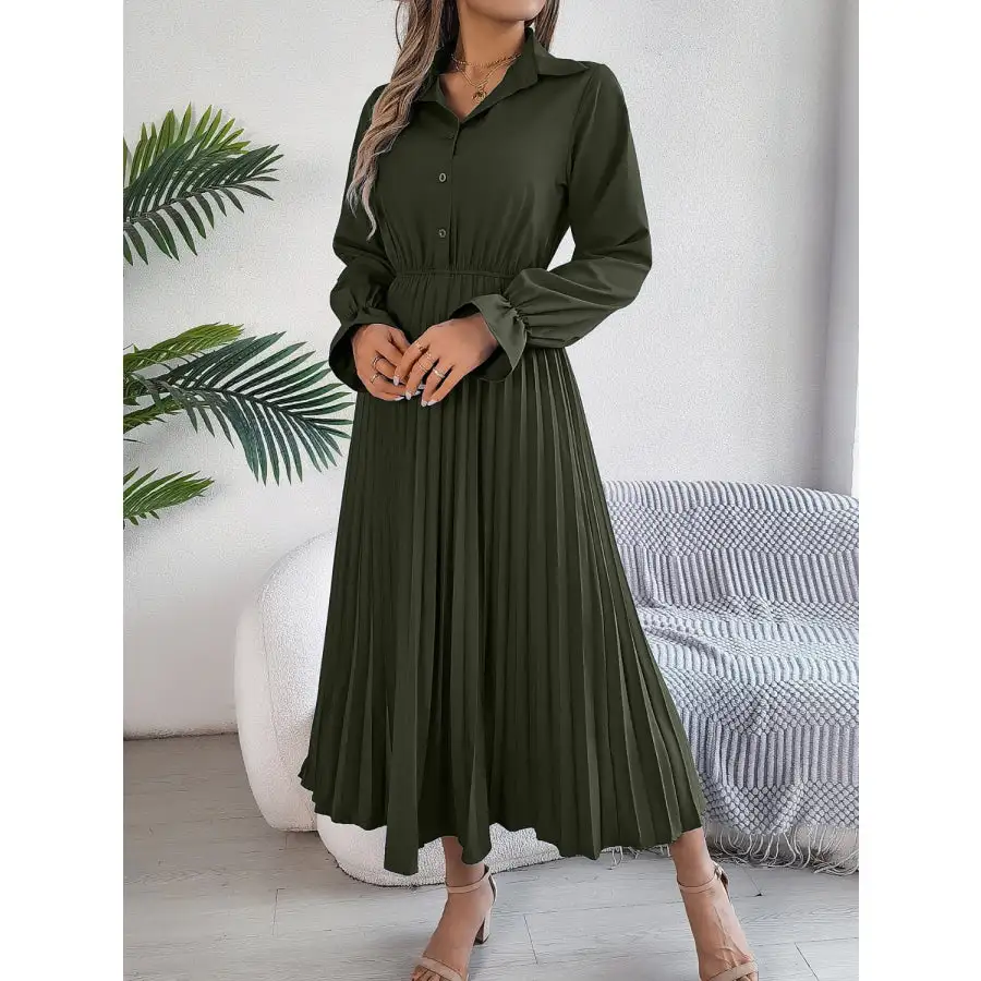 Pleated Half Button Long Sleeve Midi Dress
