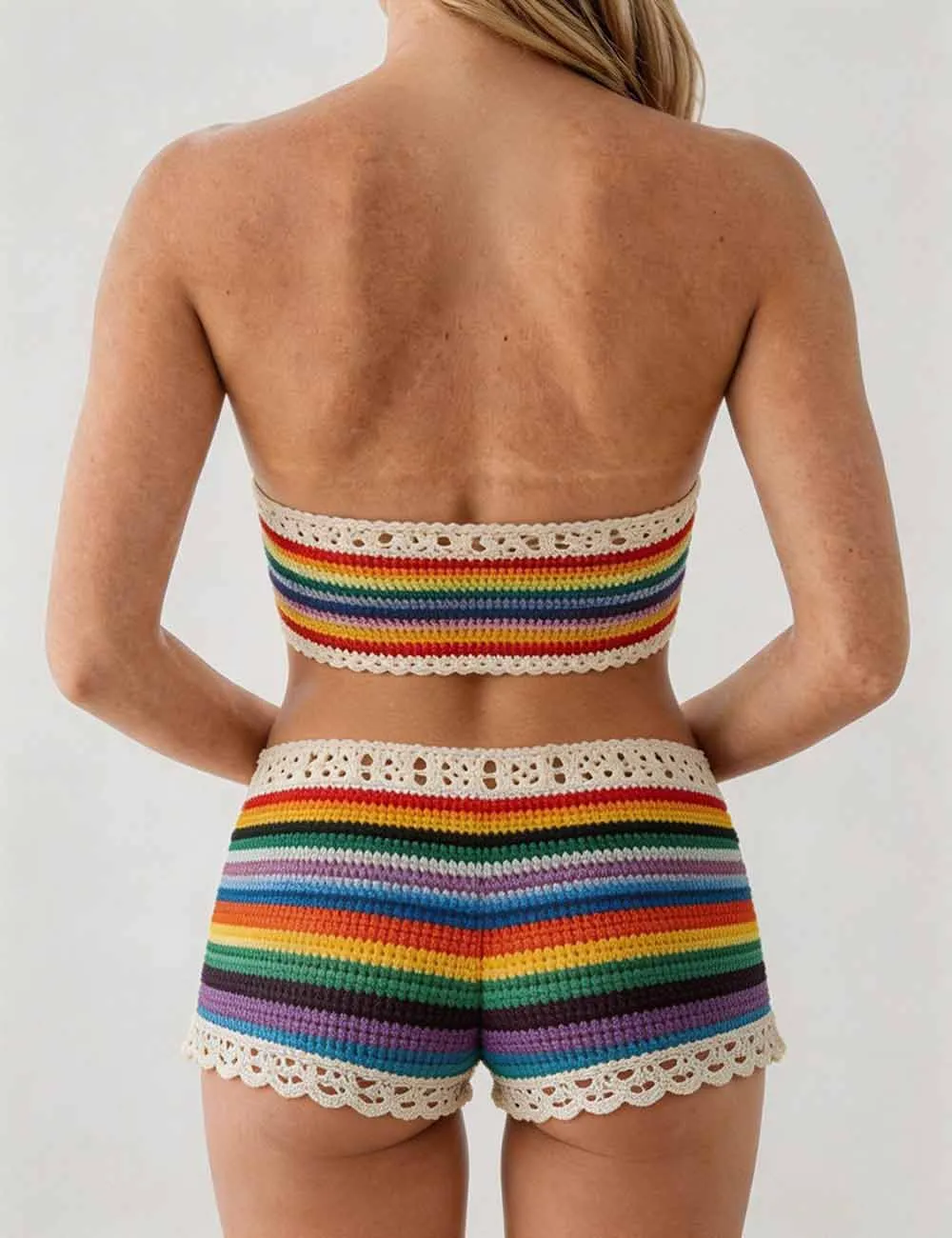 Rainbow Crochet Bandeau Bikini Set with Cover Up Shorts