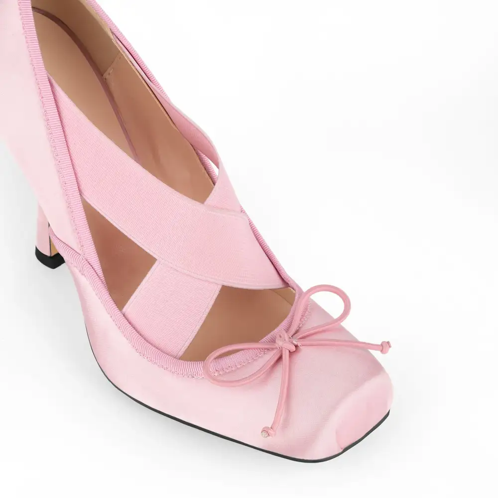 Satin Finish Bow Accent Square Toe Stiletto Cross Strap Pumps