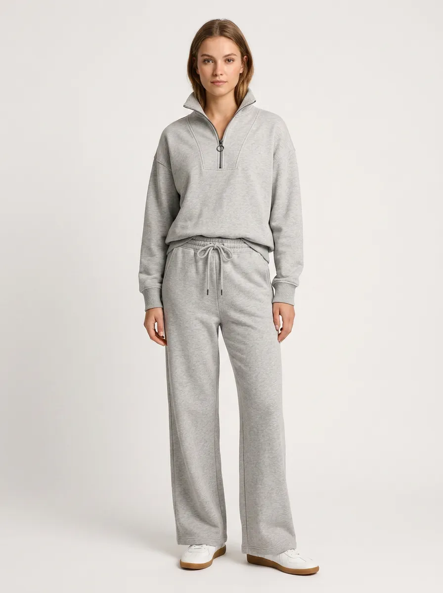 Women's Short Sleeve Casual Loungewear Grey Quarter Zip Sweatshirt Jogger Set