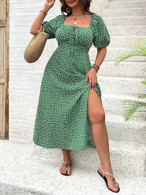 Women’s Ditsy Floral Puff Sleeve Split Dress Tie Front Summer Dress