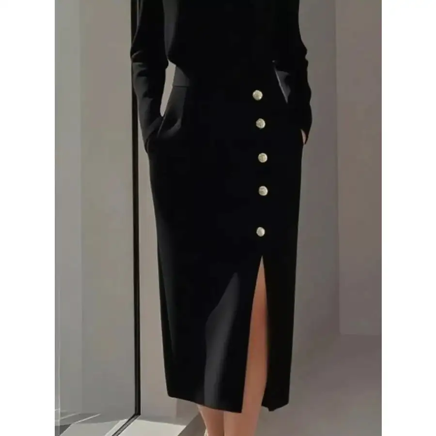 Long Sleeve Button Detail Midi Dress with Side Slit