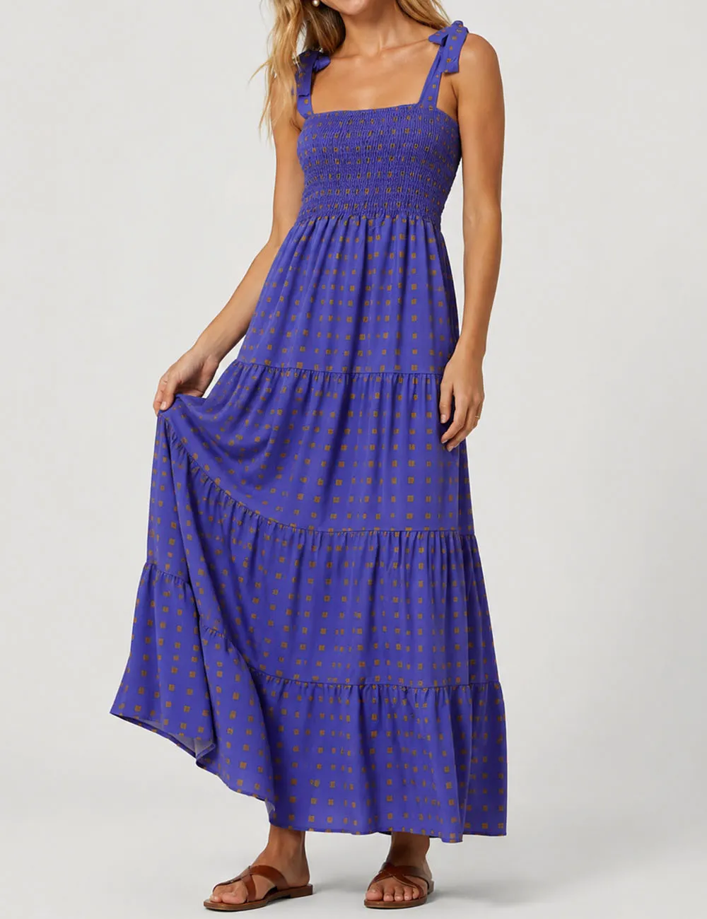 Abstract Smocked Strap Square Neck Midi Dress