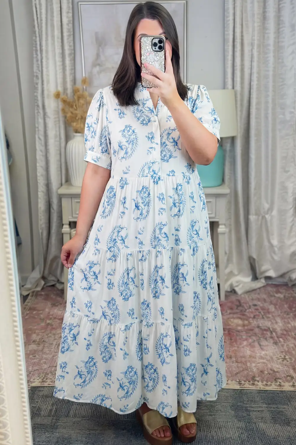 Floral Geometric Print Split Neck Maxi Dress