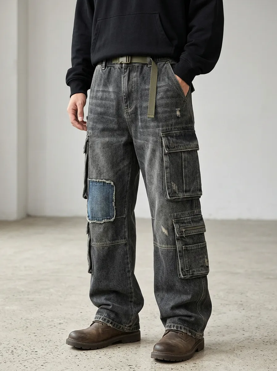 Men's Streetwear Distressed Patchwork Multi-Pocket Cargo Pants