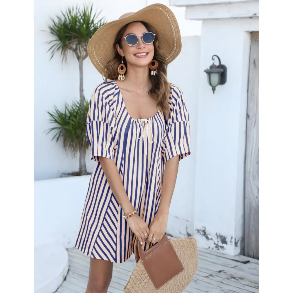 Womens Striped Romper Casual Loose Puff Sleeve Wide Leg Jumpsuit