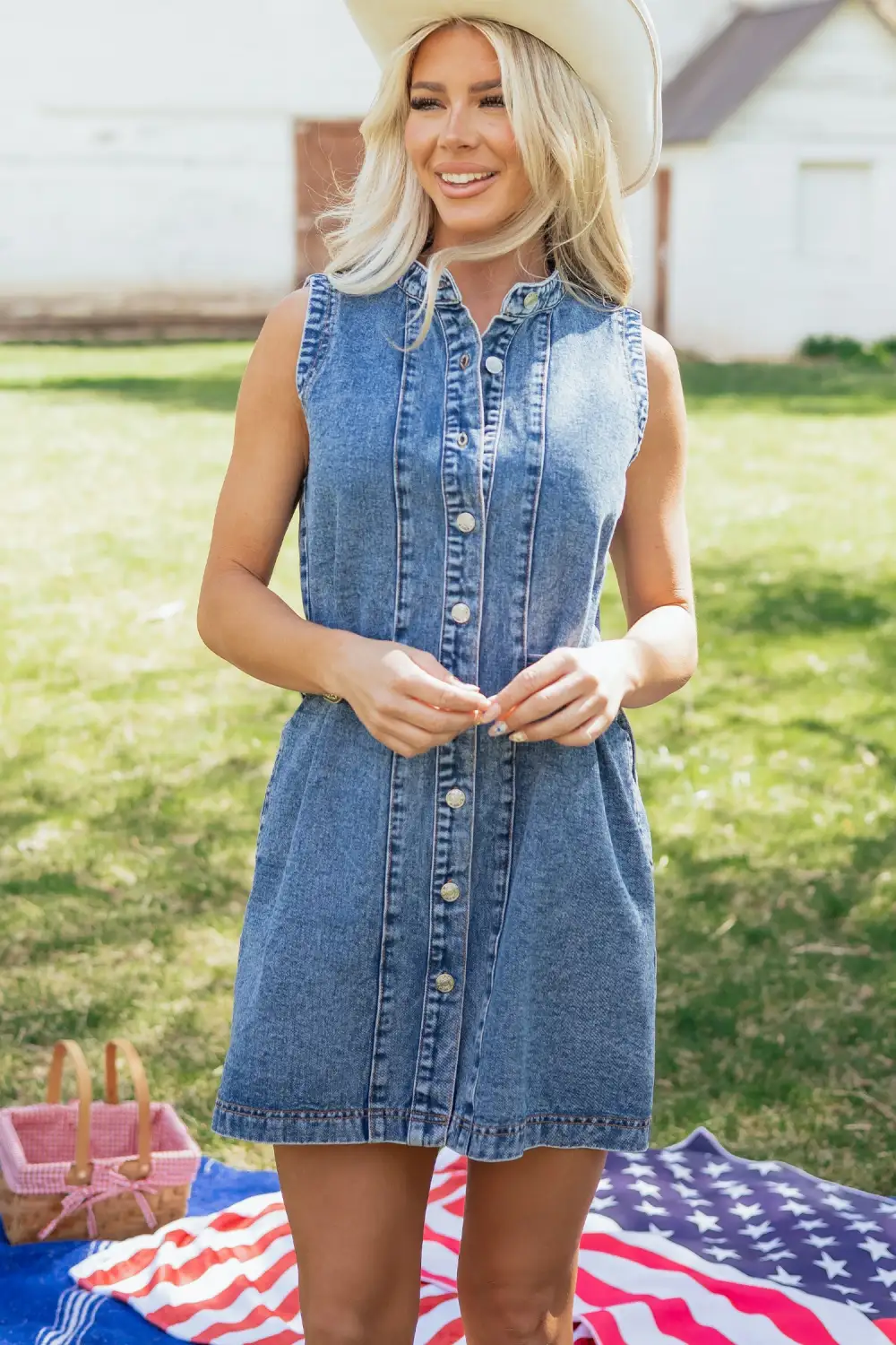 Polished Detail Denim Button Front Sleeveless Dress