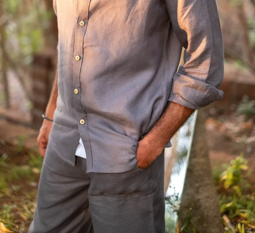 Slate Gray Minimal Linen Button-Up Shirt