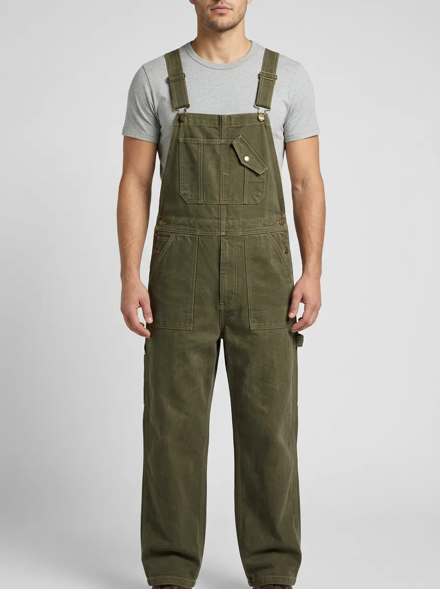 Men's Vintage Workwear Olive Green Cotton Bib Overalls