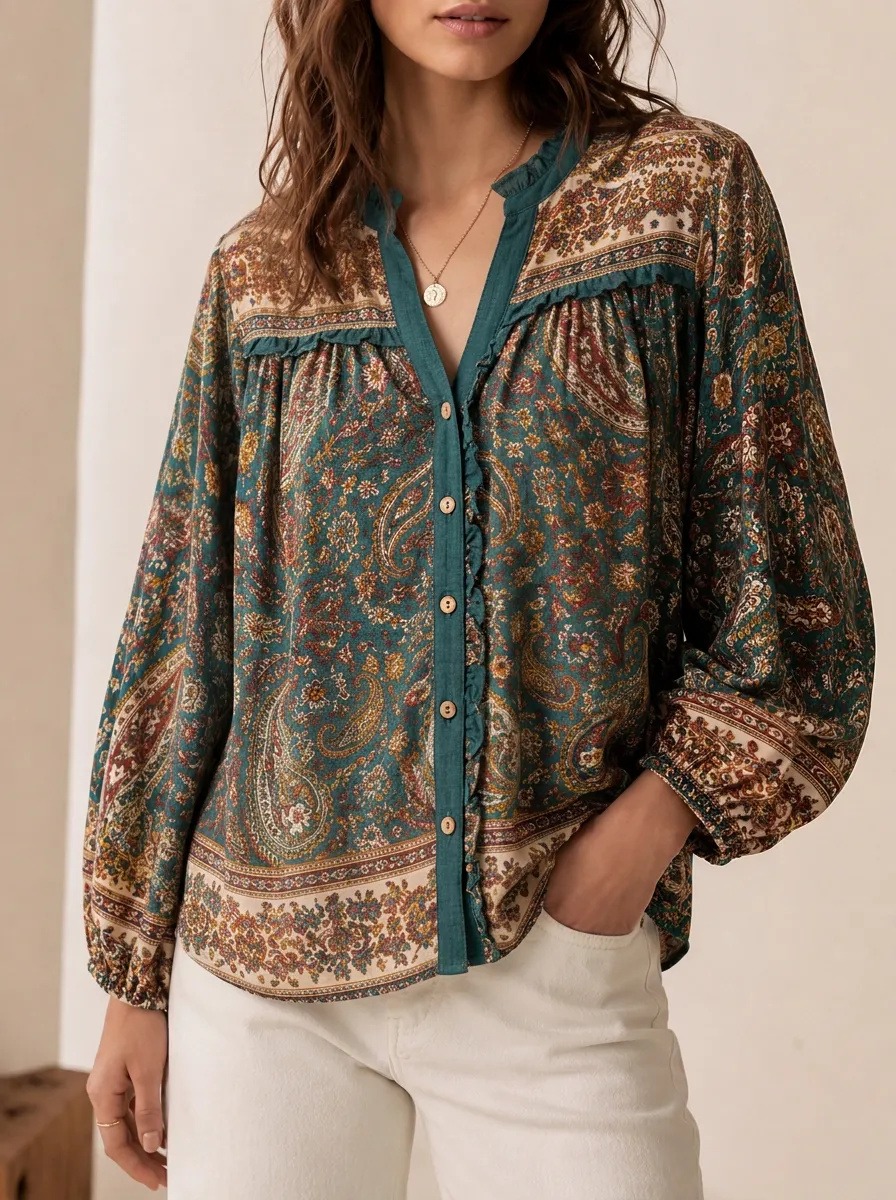 Women's Paisley V Neck Blouse