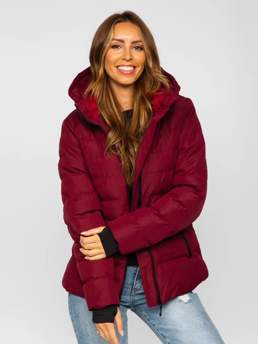 Wine Women's Quilted Winter Jacket With Hood