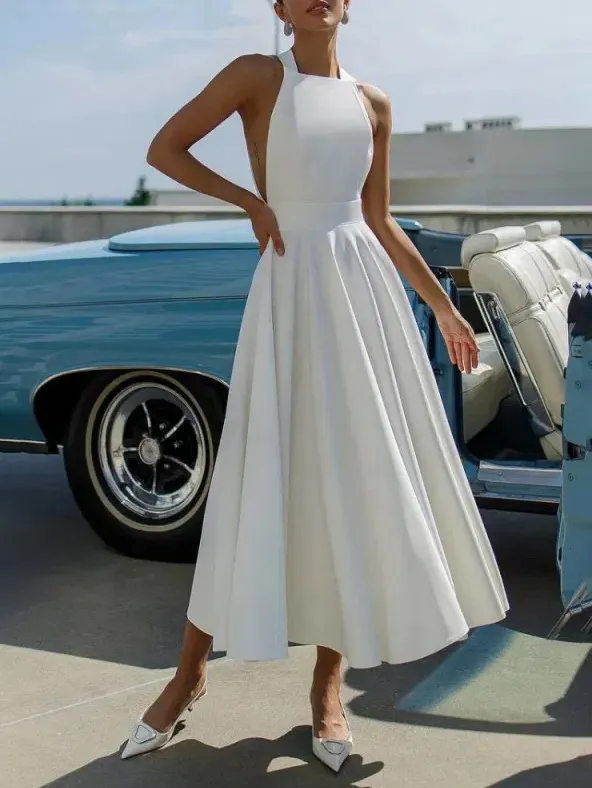 Elegant Halter Neck Flared Midi Dress