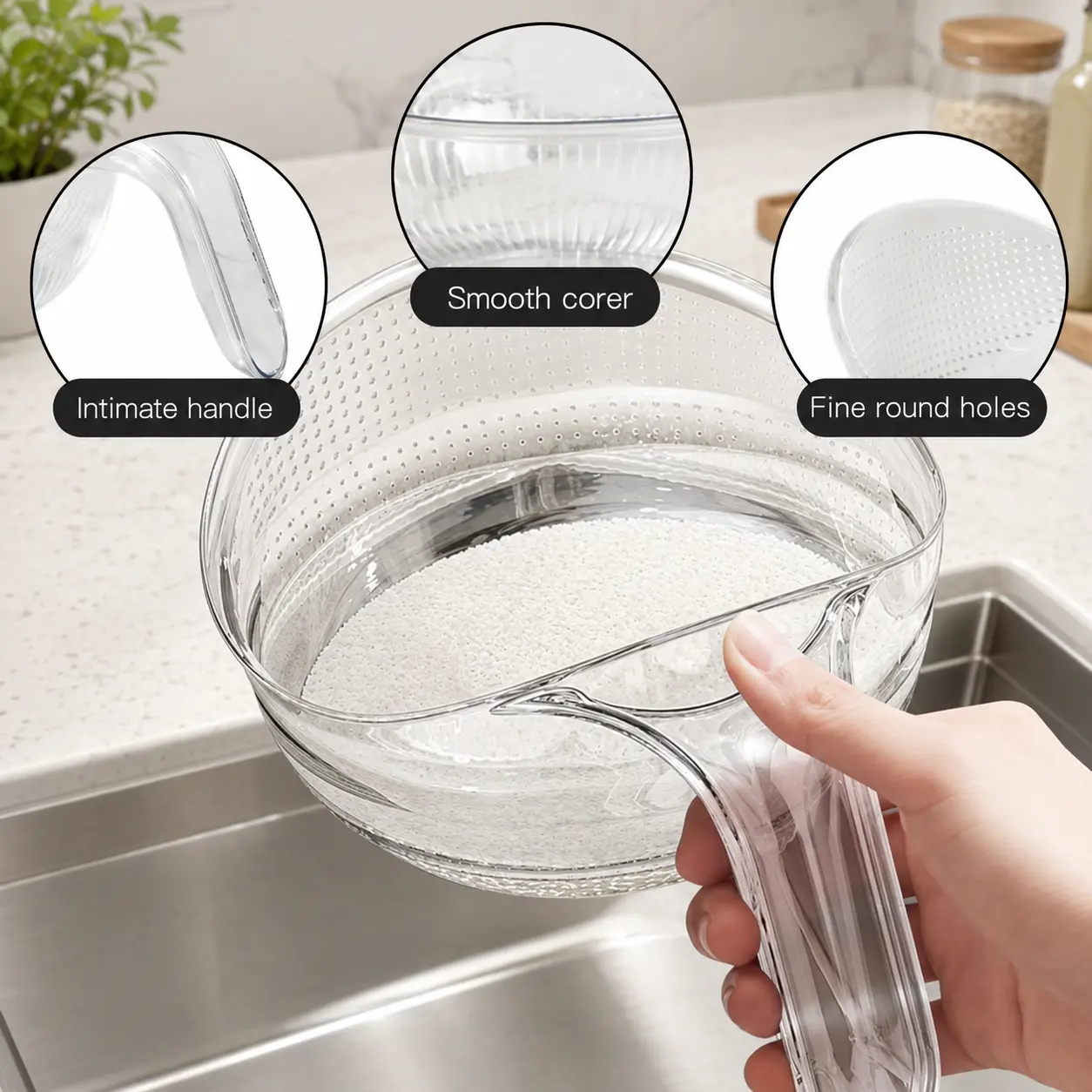 Multifunctional Rice Strainer with Handle - Clear BPA-Free Kitchen Colander - Comfortable Integrated Handle